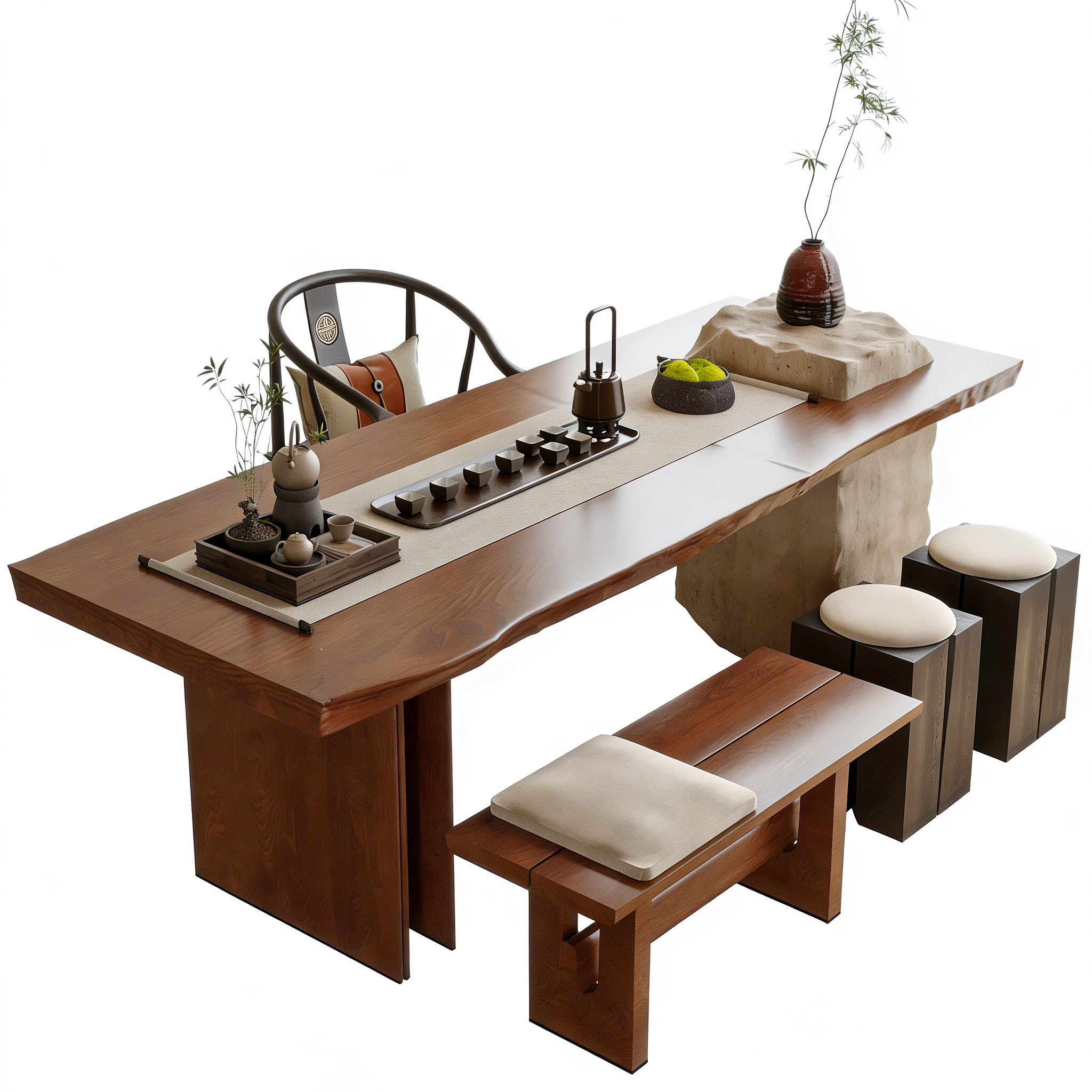 Hotel Tea Table Set - Solid Wood with Benches & Stools | Luxury Modern Hotel Lounge Furniture O-1007 1