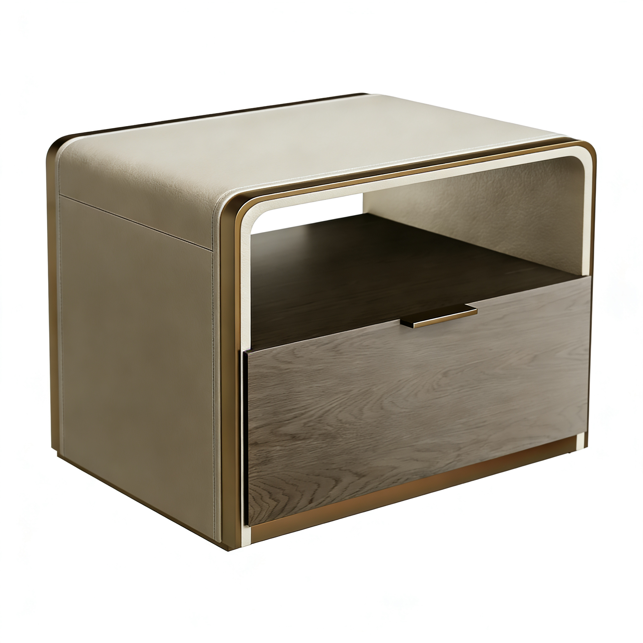 Hotel Nightstand - Leather & Wood Veneer with Metal Accents | Modern Hotel Guest Room Furniture A-1014 1