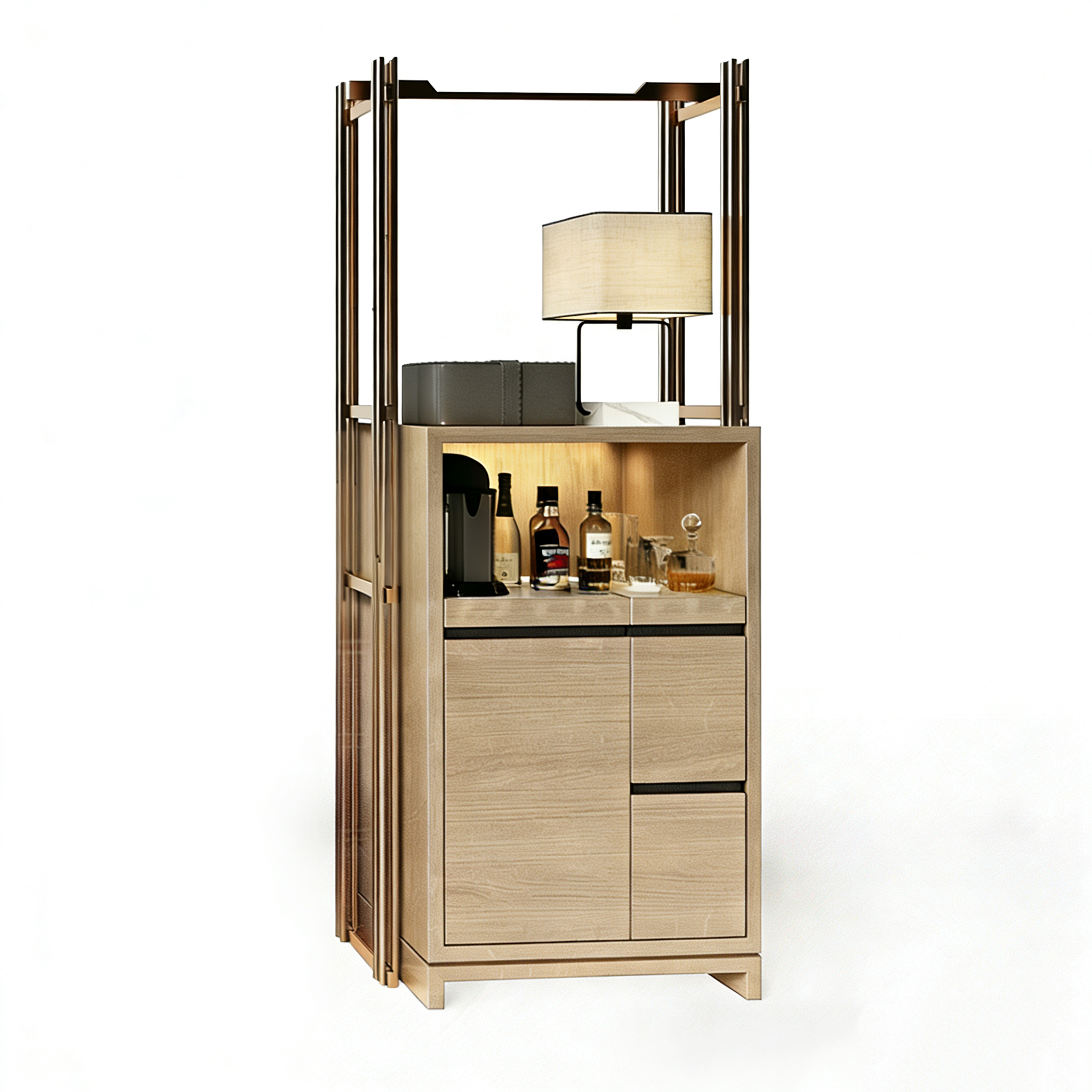 Hotel Mini Bar Cabinet - Light Wood Veneer with Metal Frame | Modern Hotel Guest Room Furniture M-1013 1