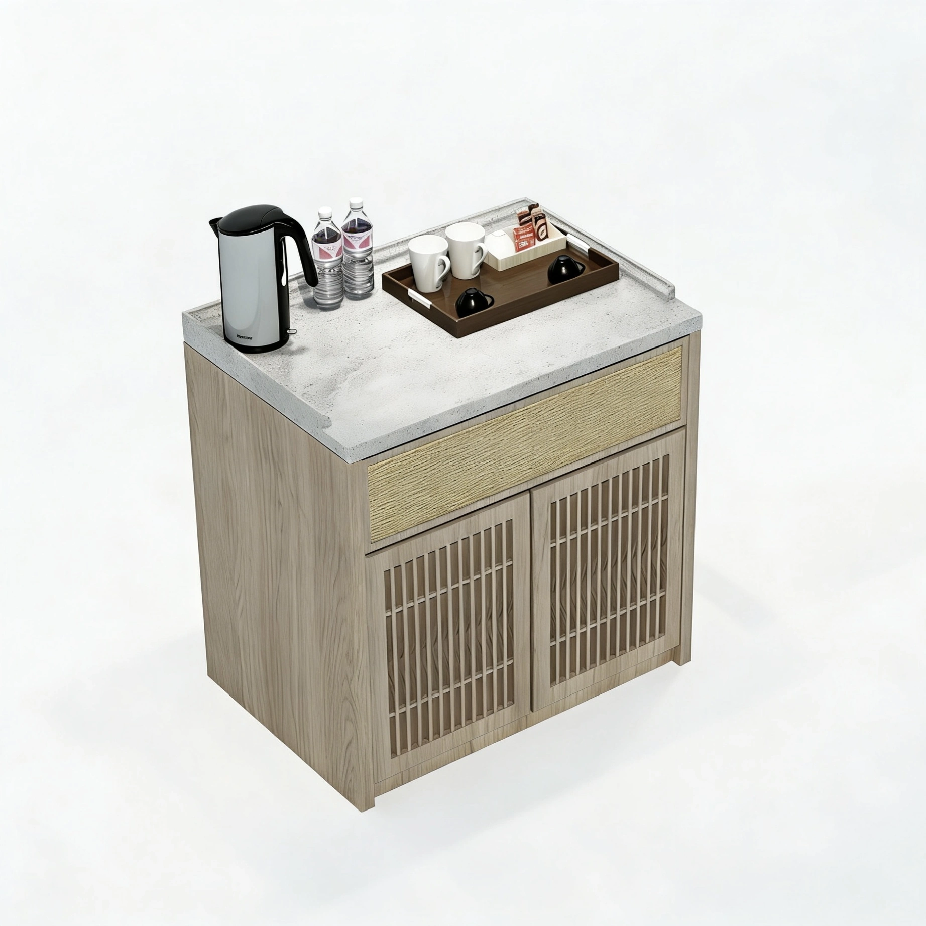 Hotel Minibar Cabinet - Stone Top with Lattice Doors | Modern Hotel Guest Room Amenity Furniture M-1016 1