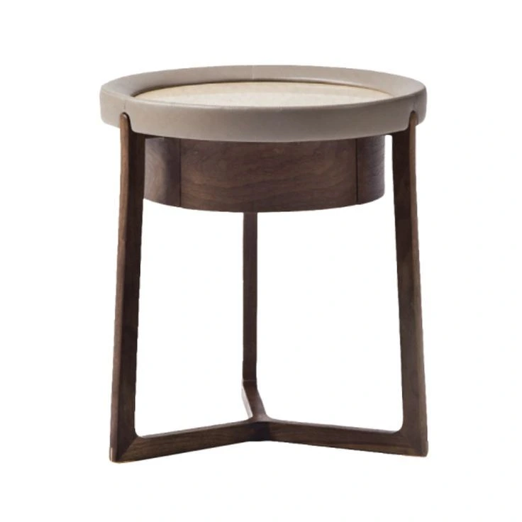 Hotel Side Table - Round Leather Top with Solid Wood Base | Modern Lobby & Lounge Accent Furniture C-1021 1