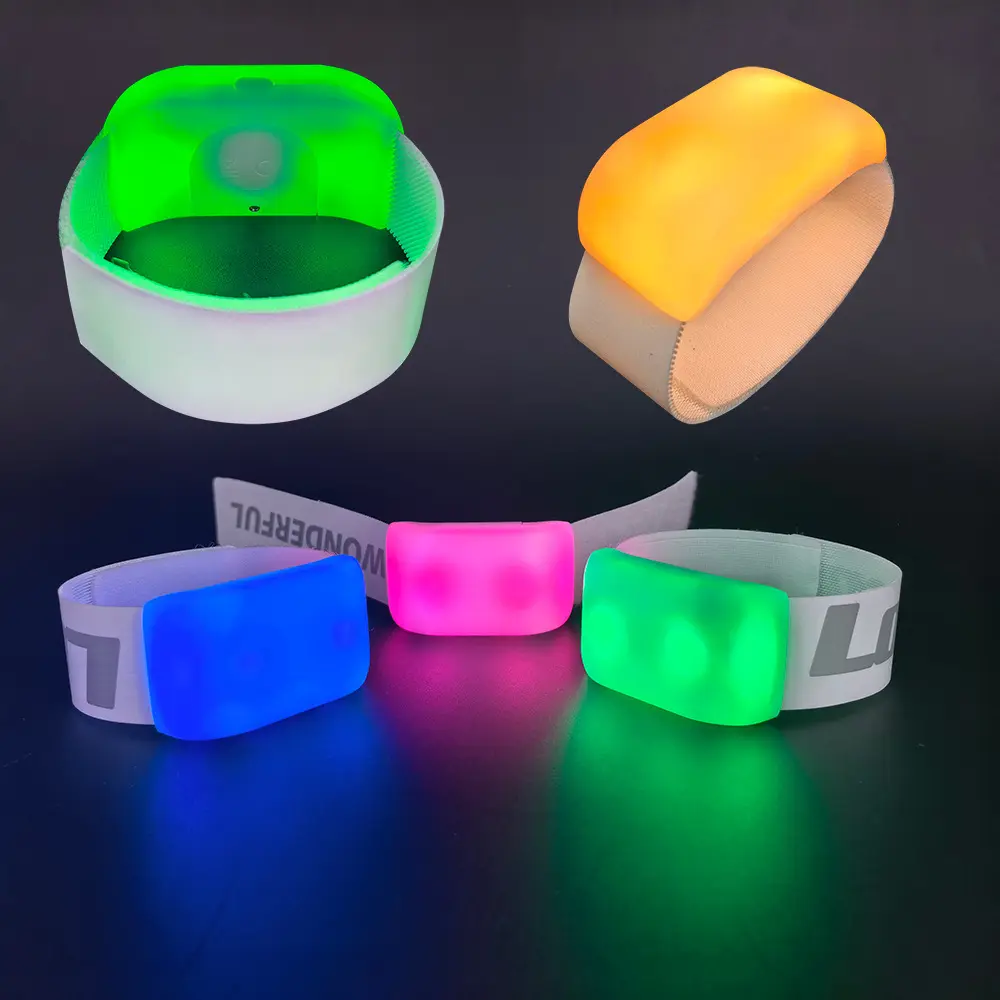 Close-up view of Velcro Hook and Loop closure on a custom textile LED wristband, demonstrating adjustable one-size-fits-all