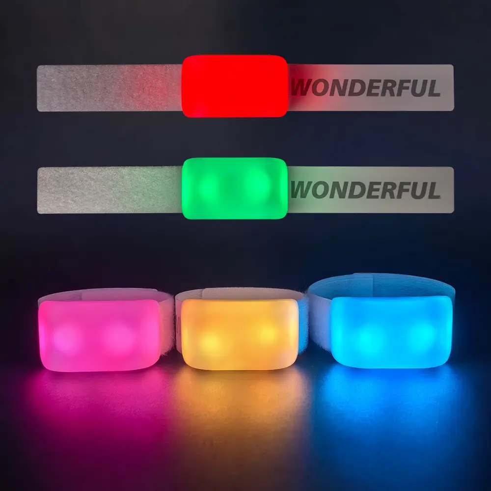 Full-surface printed textile LED bracelet showing high-definition logo branding.