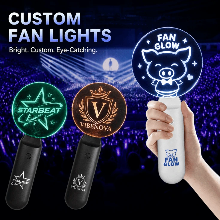 Custom acrylic light sticks with round designs for fan merch and brand event promotion