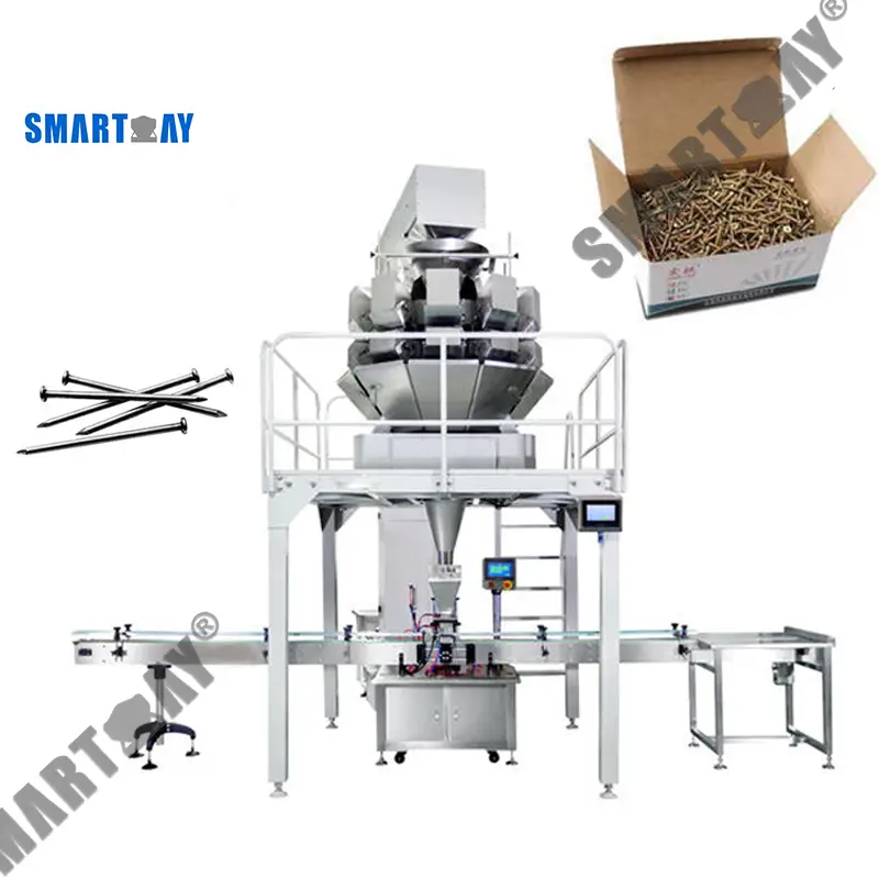 Máquina de embalagem multifuncional com balança multicabeças para envase de ferragens, arames, pregos e parafusos em caixas de papelão. 1