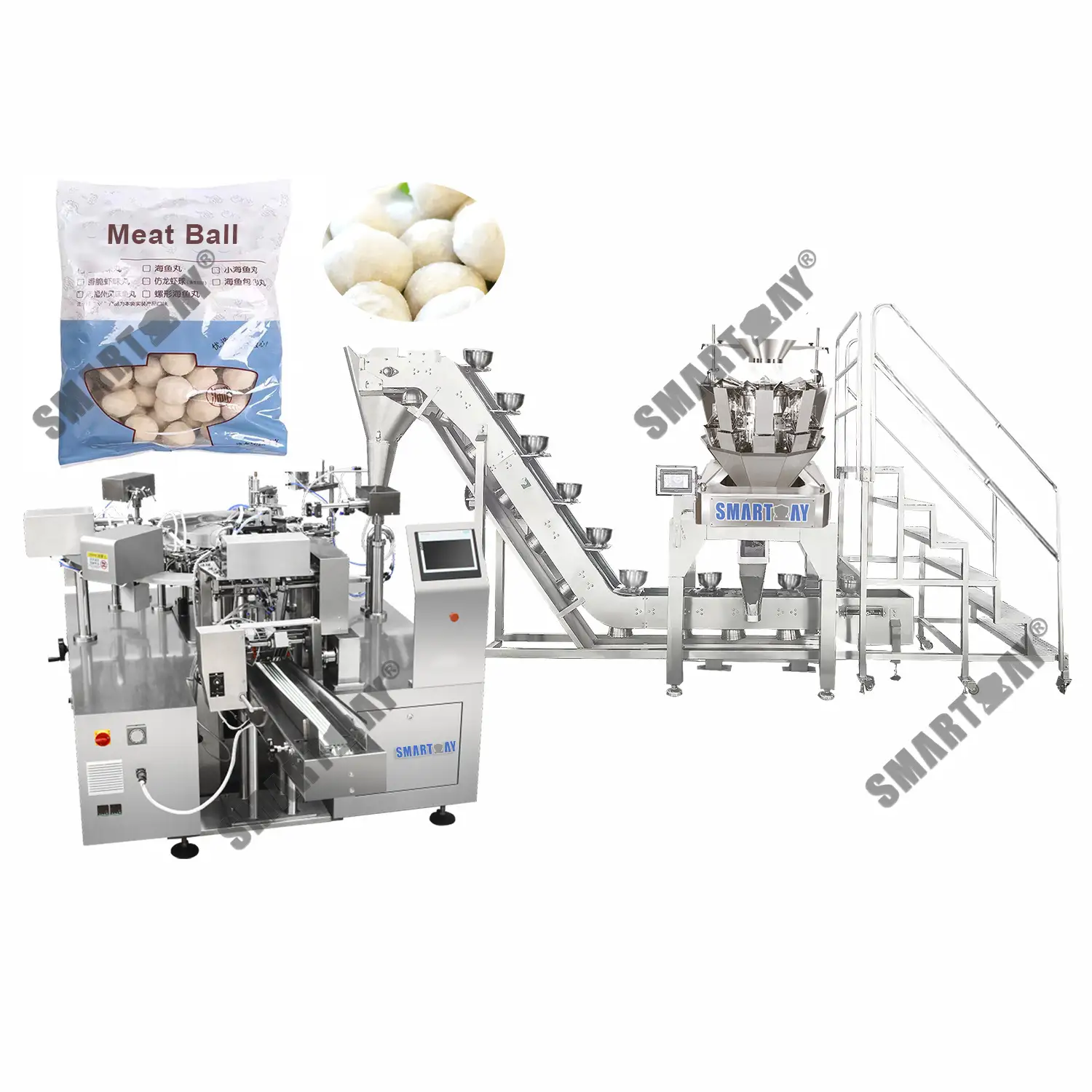 Envasadora rotativa de bolsas prefabricadas de albóndigas conxeladas IQF automática SmartWeigh con elevador de cuencas 1