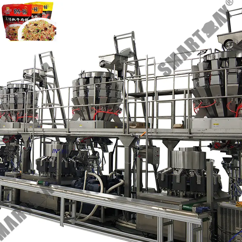 Fried rice vacuum premade bag rotary packaging line with screw multihead weigher 1