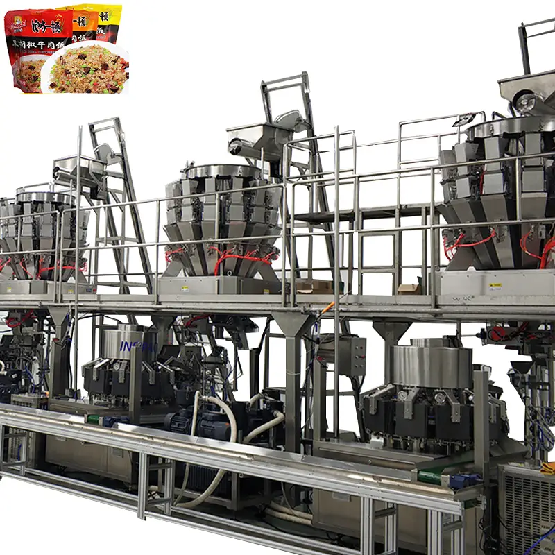 Fried rice vacuum premade bag rotary packaging line with screw multihead weigher 1