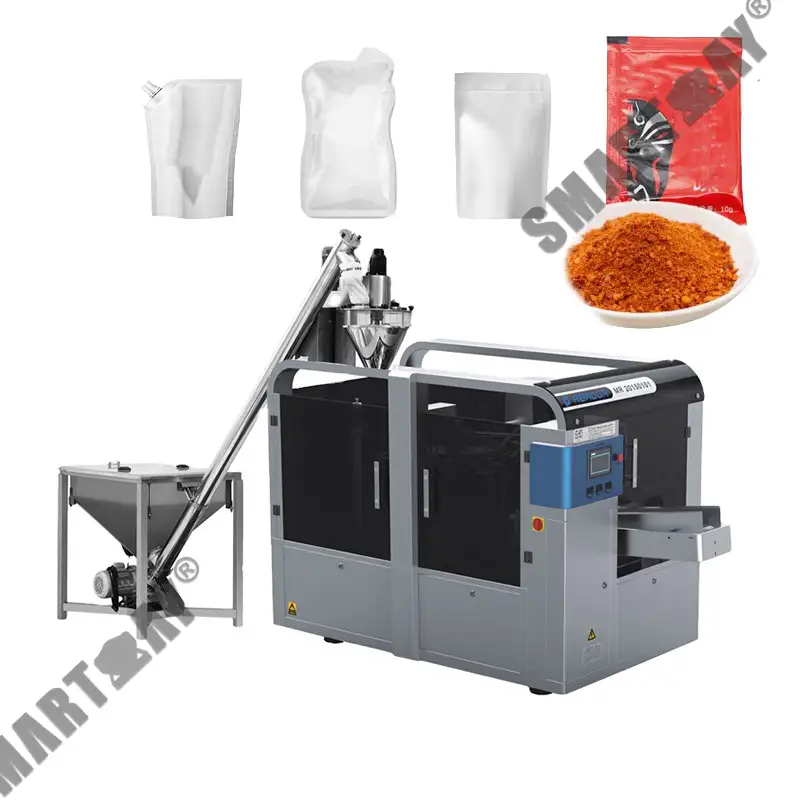 Otomatik döner kilitli poşet toz baharat doldurma makinesi / biber paketleme makinesi, besleme konveyörü ile birlikte 1