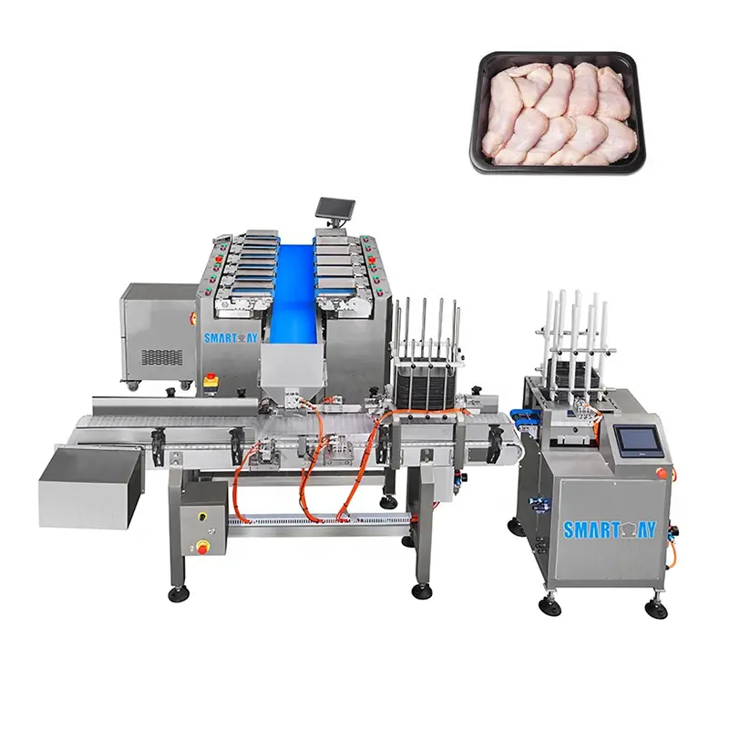 Màquina d'embalatge d'ales de pollastre amb sistema de desembalatge de safates de carn amb combinació de 12 capçals d'alta eficiència per a aliments congelats 1