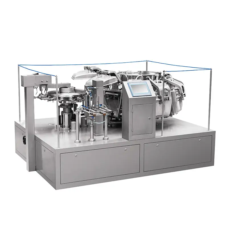 Harga pabrik timbangan ngeusian sealing jajanan béas mesin kemasan rotary vakum pikeun kantong premade 1