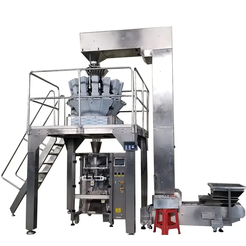 Héicheffizient vertikal Bagger VFFS Këssenbeutelverpackungsmaschinn fir a Beutel gepackt Mimi Garnelenstreifen a Krabbenaroma Granulat 1