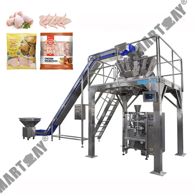 Высокахуткасная вертыкальная машына для ўпакоўкі мяса, машына для ўпакоўкі замарожаных курыных крыльцаў з шматгалоўным узважвальнікам 1