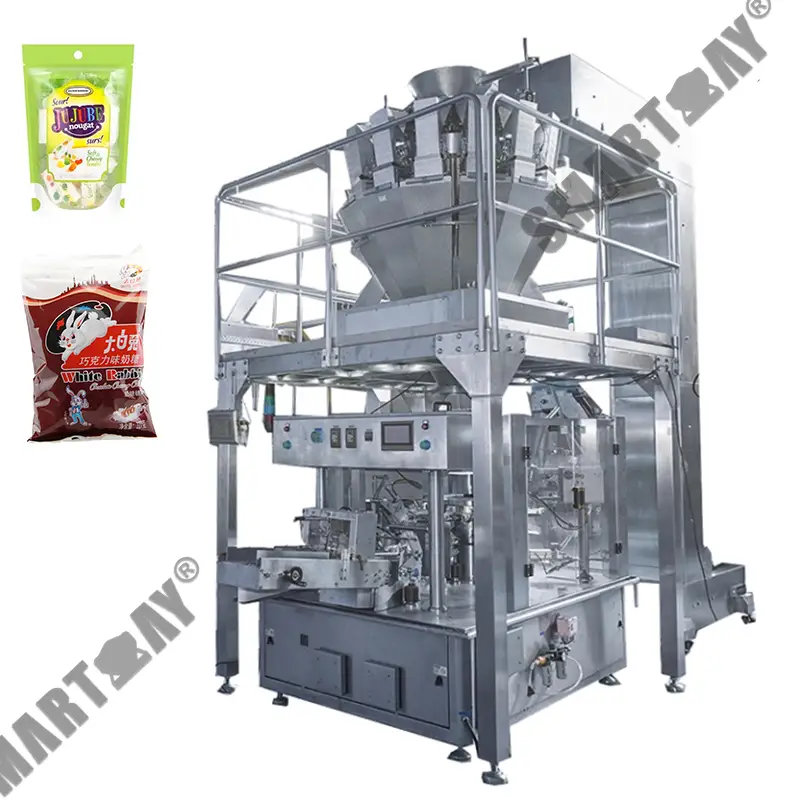 Mesin bungkus permen gummy doypack otomatis rotary preformed pouch sistem kemasan pikeun jajanan 1