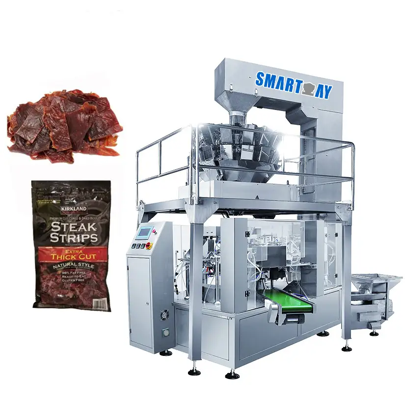 High accuracy filling beef jerky rotary packaging machine dry meat pieces packing machine with multi head weigher 1