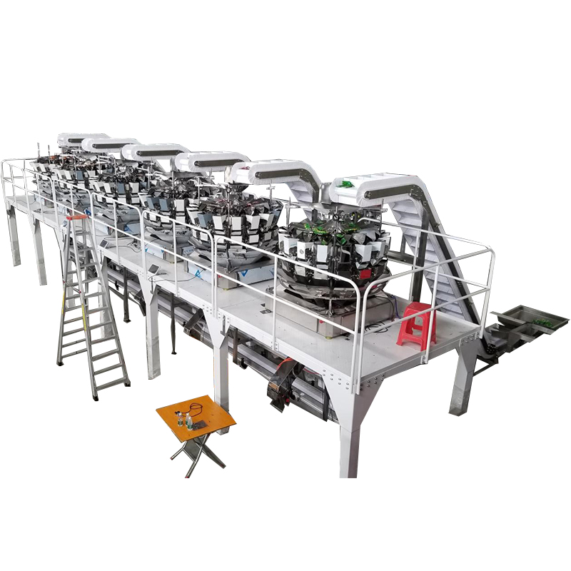 Automatic multihead weigher bag-in-bag puffed food snacks secondary packaging line 6