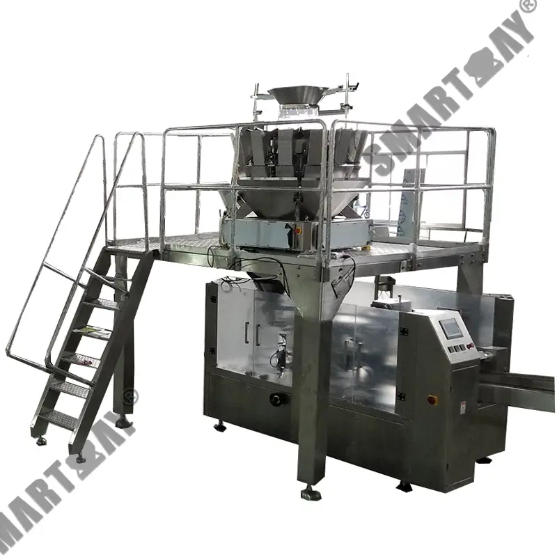 ເຄື່ອງຫຸ້ມຫໍ່ເມັດ doypack ແບບຖົງຊິບແບບໝຸນອັດຕະໂນມັດພ້ອມດ້ວຍເຄື່ອງຊັ່ງນ້ຳໜັກຫຼາຍຫົວ 1