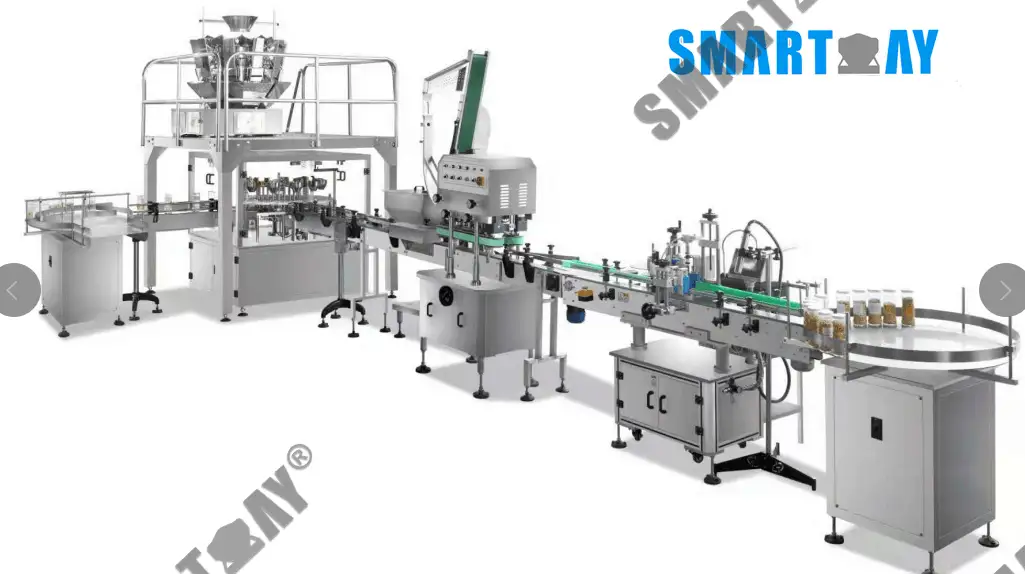 Аўтаматычная лінія для ўпакоўкі рысу, арэхаў і бутэлек з грануламі і шматгалоўным узважвальнікам 1