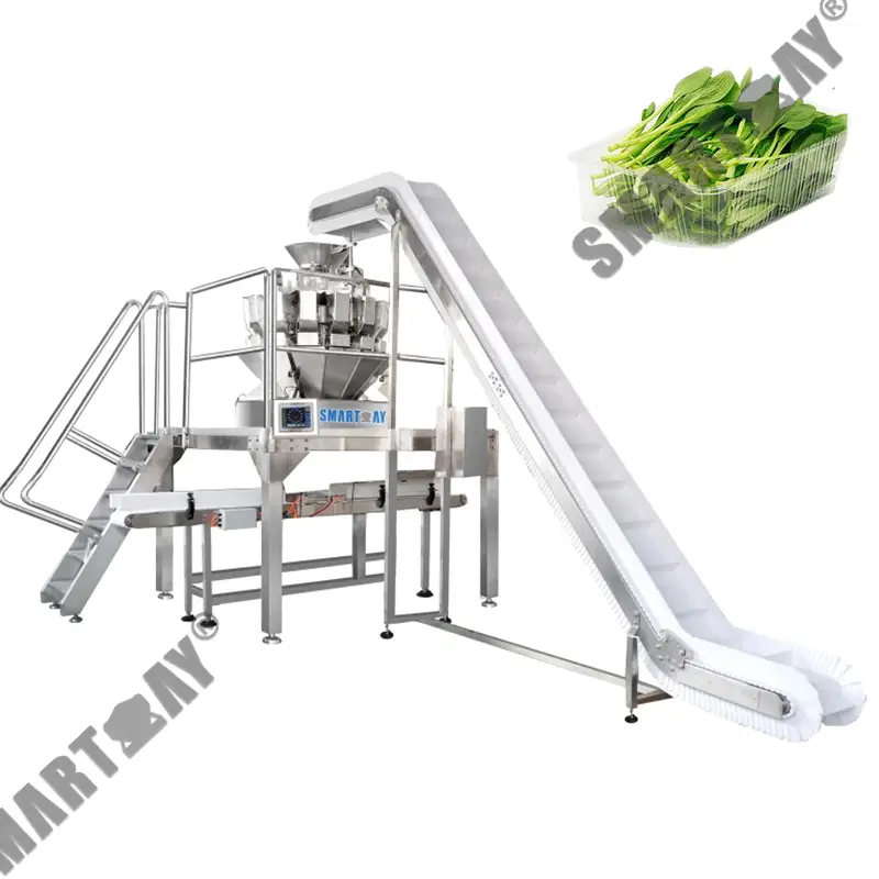 Bug-os nga awtomatik nga pagtimbang sa pagpuno sa multihead weigher cauliflower tray denester system spinach packing machine para sa letsugas 1