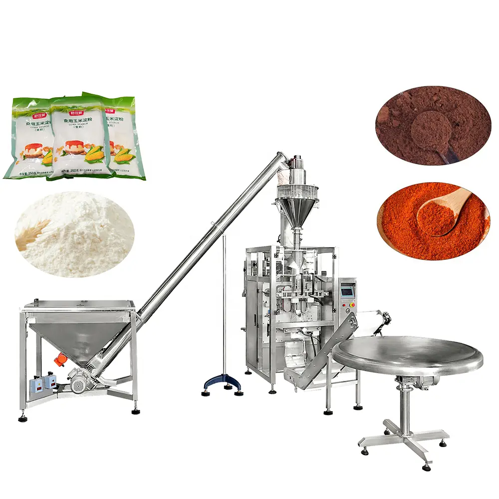 Umatshini wokupakisha i-vffs corn starch okhawulezayo onzima kakhulu umatshini wokupakisha umgubo wembotyi one-screw feeder 1