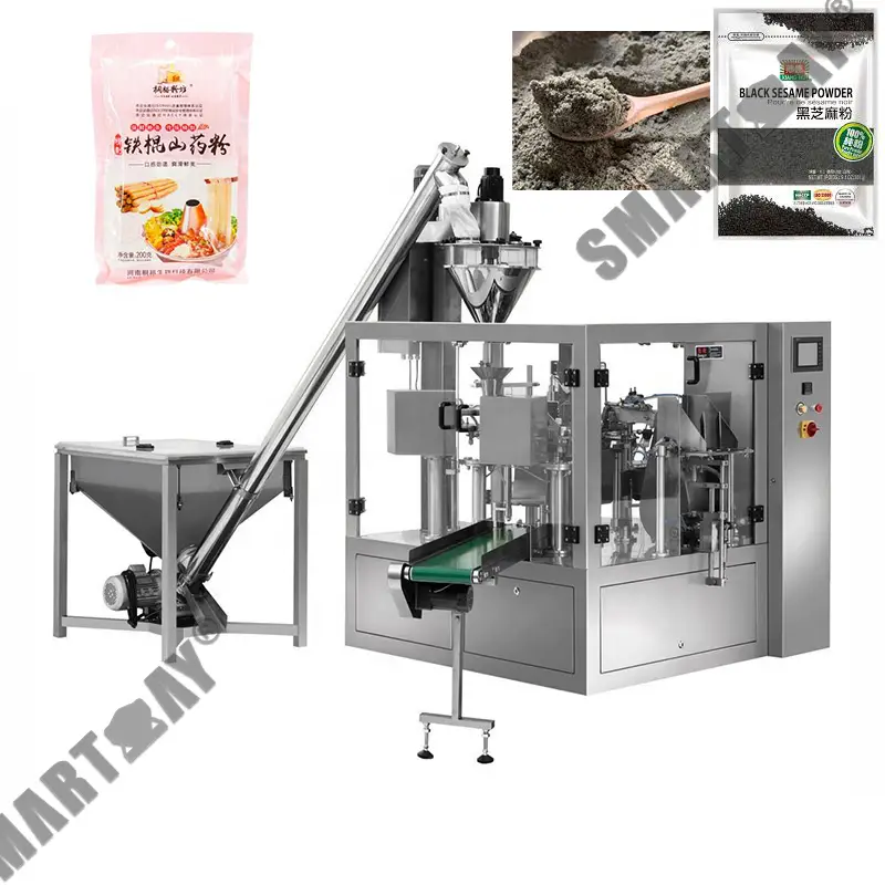 Machine automatique de conditionnement de poudre de sésame noir en sachets souples pour pesage, remplissage et scellage ; machine de conditionnement de farine d'igname 1