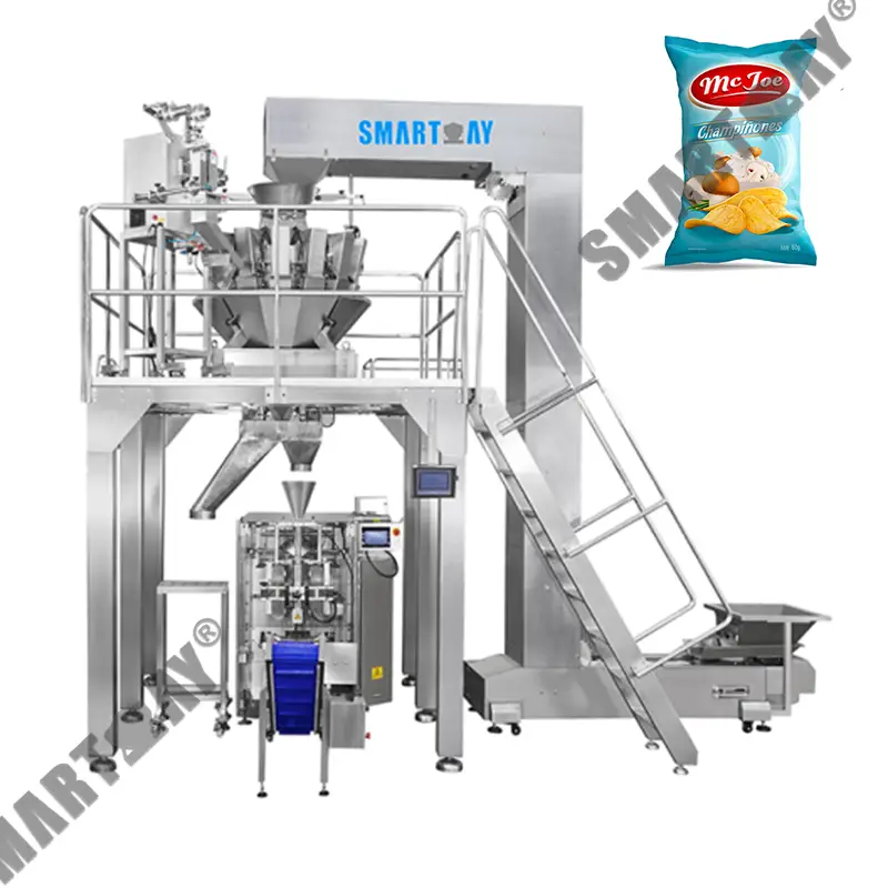 د VFFS کچالو چپس وزن کولو اتوماتیک بسته بندۍ لاین د فرانسوي غوړیو بسته بندۍ ماشین د مرغانو د کریکرونو لپاره 1