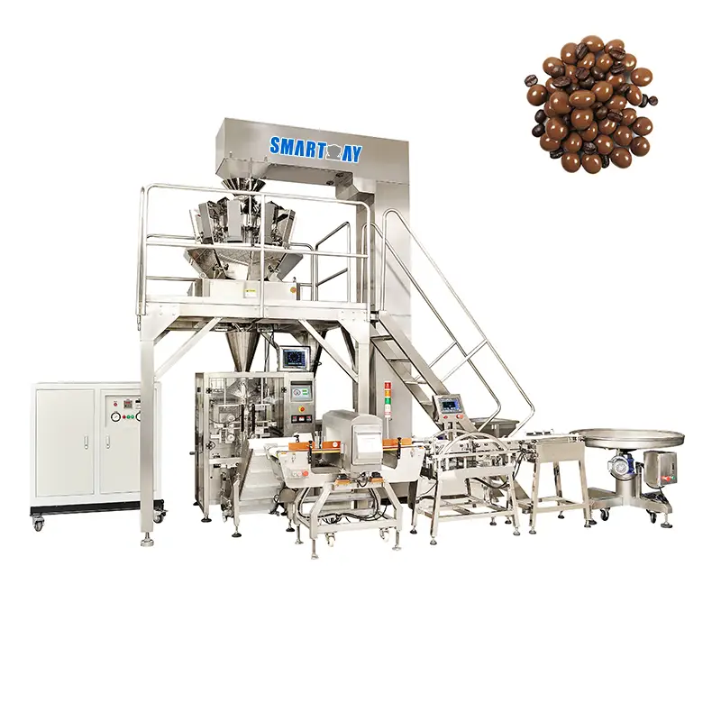 සම්පුර්ණයෙන්ම ස්වයංක්‍රීය කිරුම් විකුණුම් පිරවුම් VFFS ඇසුරුම් යන්ත්‍රය චොකලට් බෝංචි ඇසුරුම් යන්ත්‍රය ඒකාබද්ධ බර යන්ත්‍රය සමඟ 1
