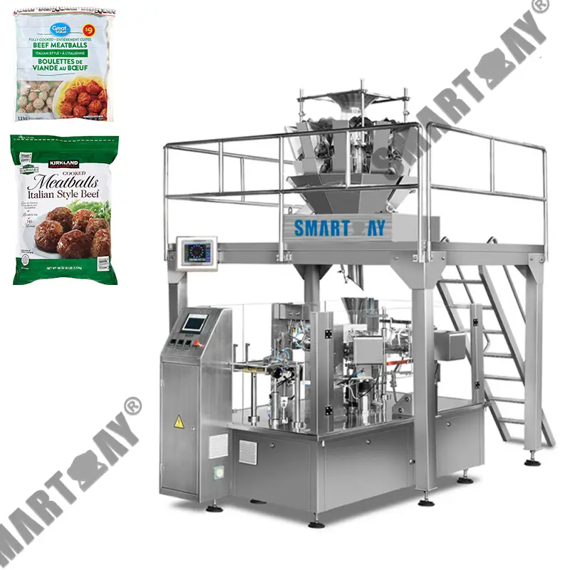 Аўтаматычная вакуумная машына для ўпакоўкі фрыкадэлек з рыбных шарыкаў, замарожаных морапрадуктаў, ратацыйная машына для ўпакоўкі ў поліэтыленавыя пакеты 1