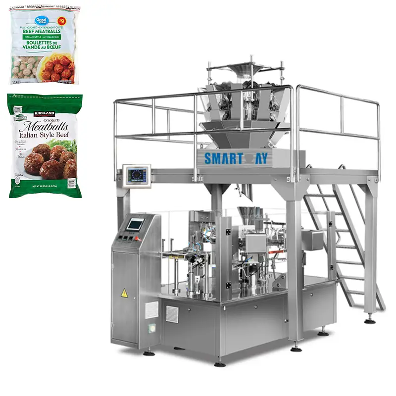 Ce automatesch Vakuum Fleeschbällchen Fëschbällchen gefruer Mieresfriichten Rotary Premade Täsch Plastikbeutel Verpackungsmaschinn 1