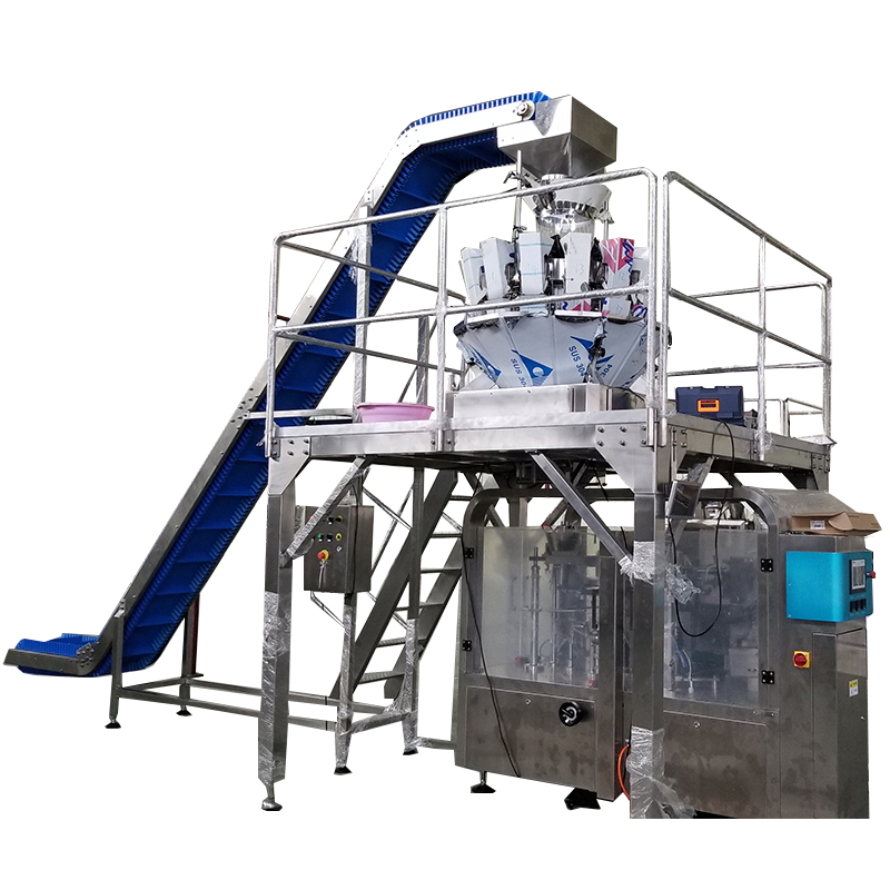 Máquina envasadora de papas fritas en bolsas verticales con 14 cabezales y 8 estaciones, con pesadoras multicabezal. 1