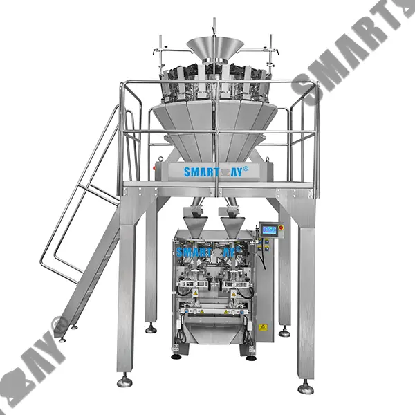 Высокоэффективная 24-головочная многоголовочная весовая машина, двухпакетная упаковочная машина с двухполосной разгрузочной воронкой VFFS. 1