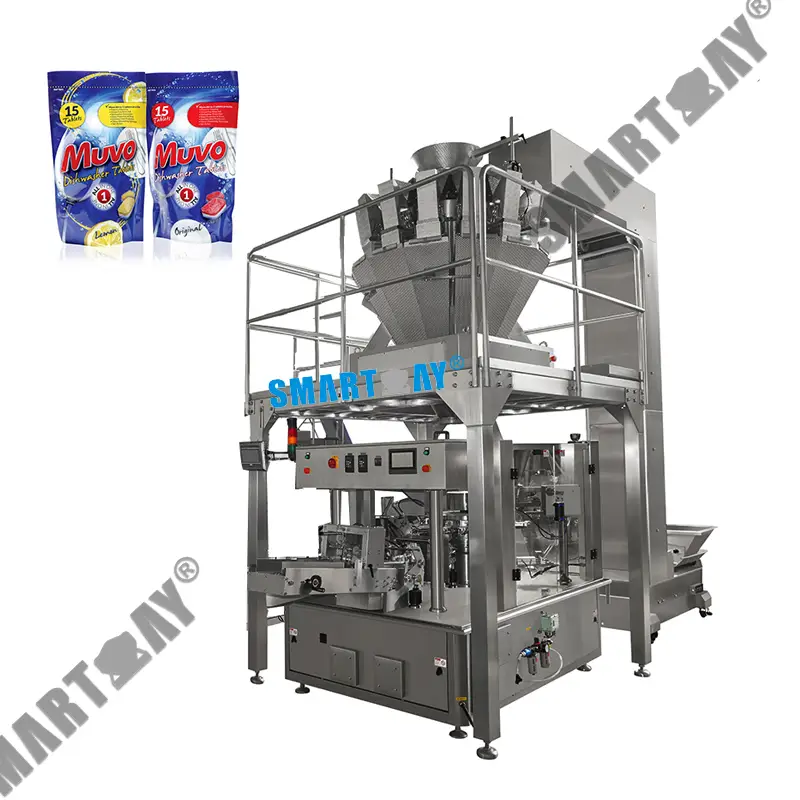Máquina automática de pesagem para embalagem de detergente em pastilhas, cápsulas e sachês para lava-louças em sacos doypack pré-fabricados. 1