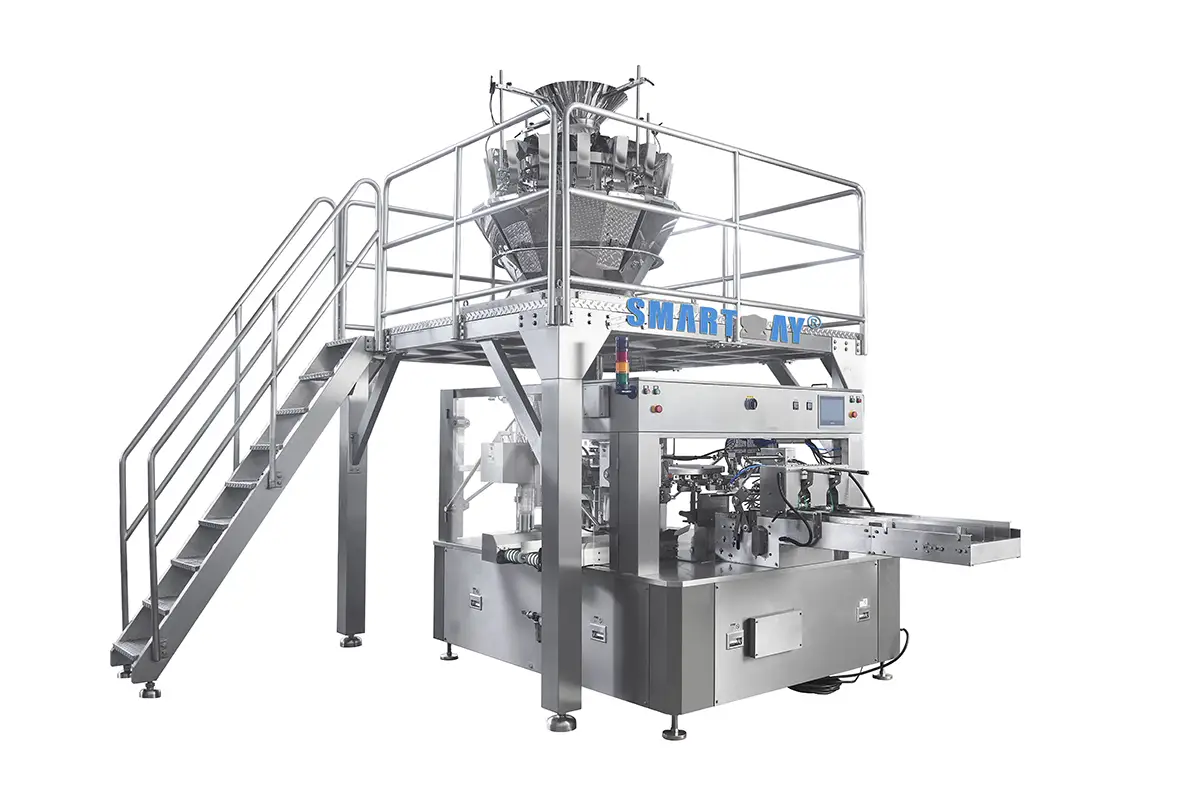 8工位雙聯旋轉式預製袋包裝機，帶彩色觸控屏，適用於堅果零食 1