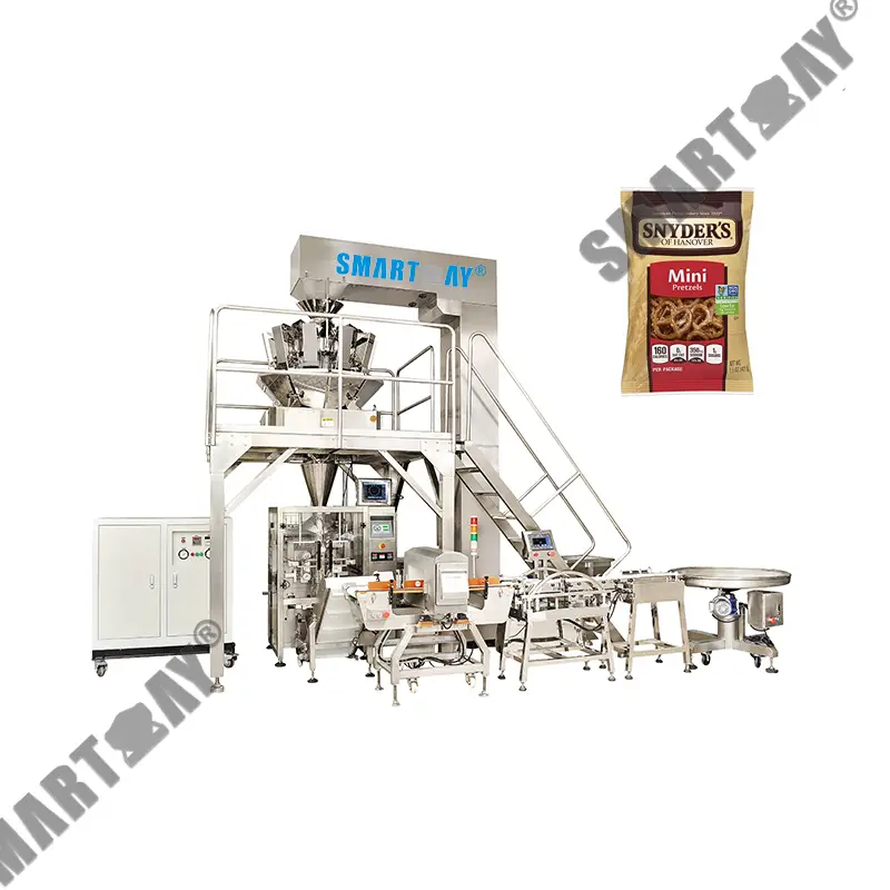 Упаковочная машина для снеков и кренделей - многоголовочный весовой дозатор и упаковка в пакеты-подушки. 1
