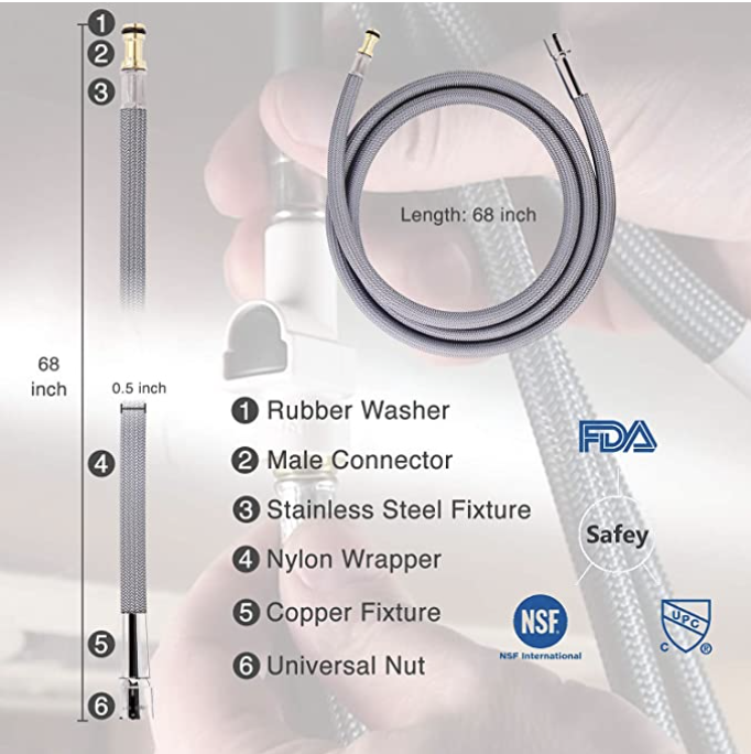 Super Flexible Pullout Hose Nylon Barided NSF WRAS Certificated with F 1/2 x M 10 for Kitchen Faucet 15