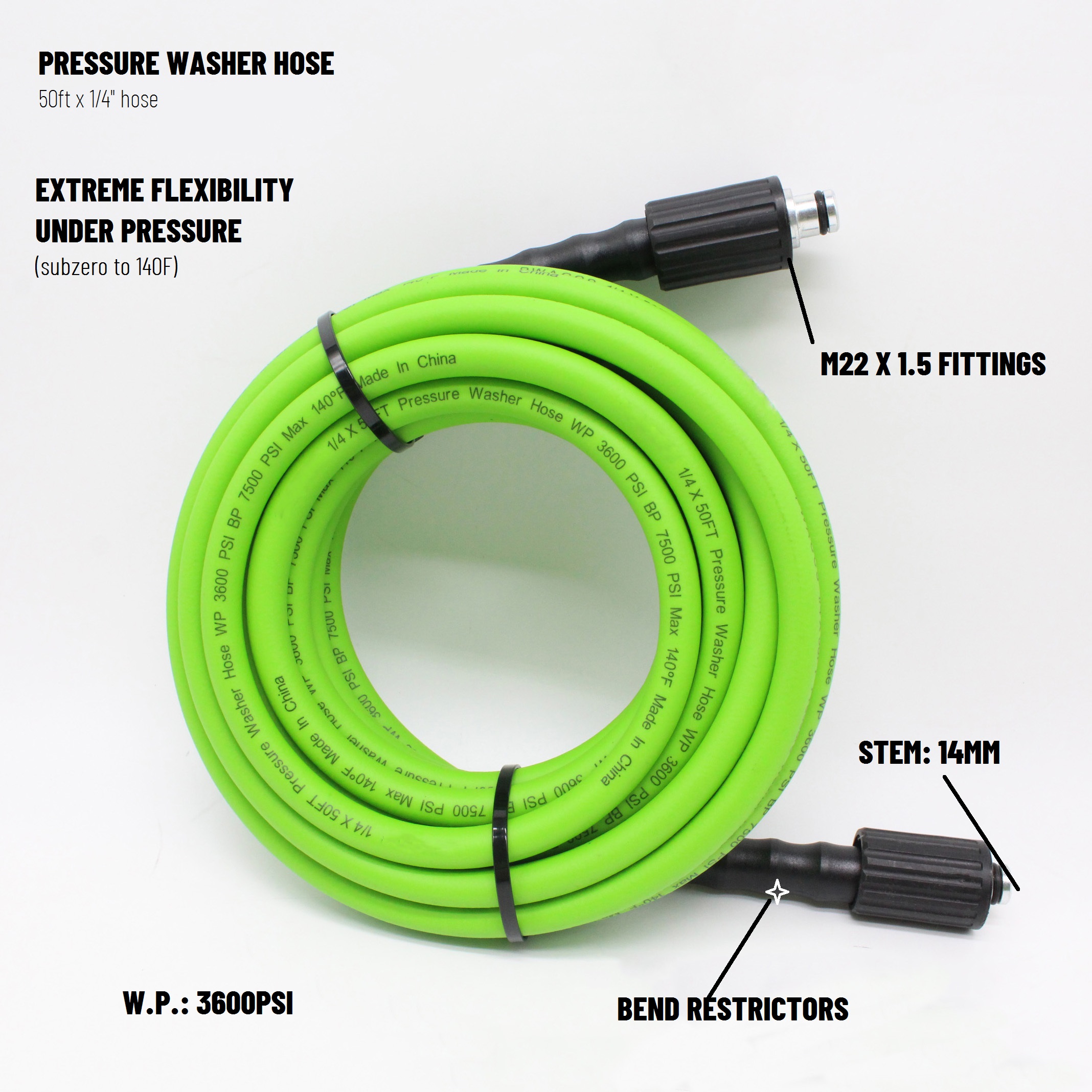 Paishun - 1/4 inch 50ft Wink Resistant High Pressure Car Power Washer Hose with M22x1.5 Connectors Pressure Washer Hose 6