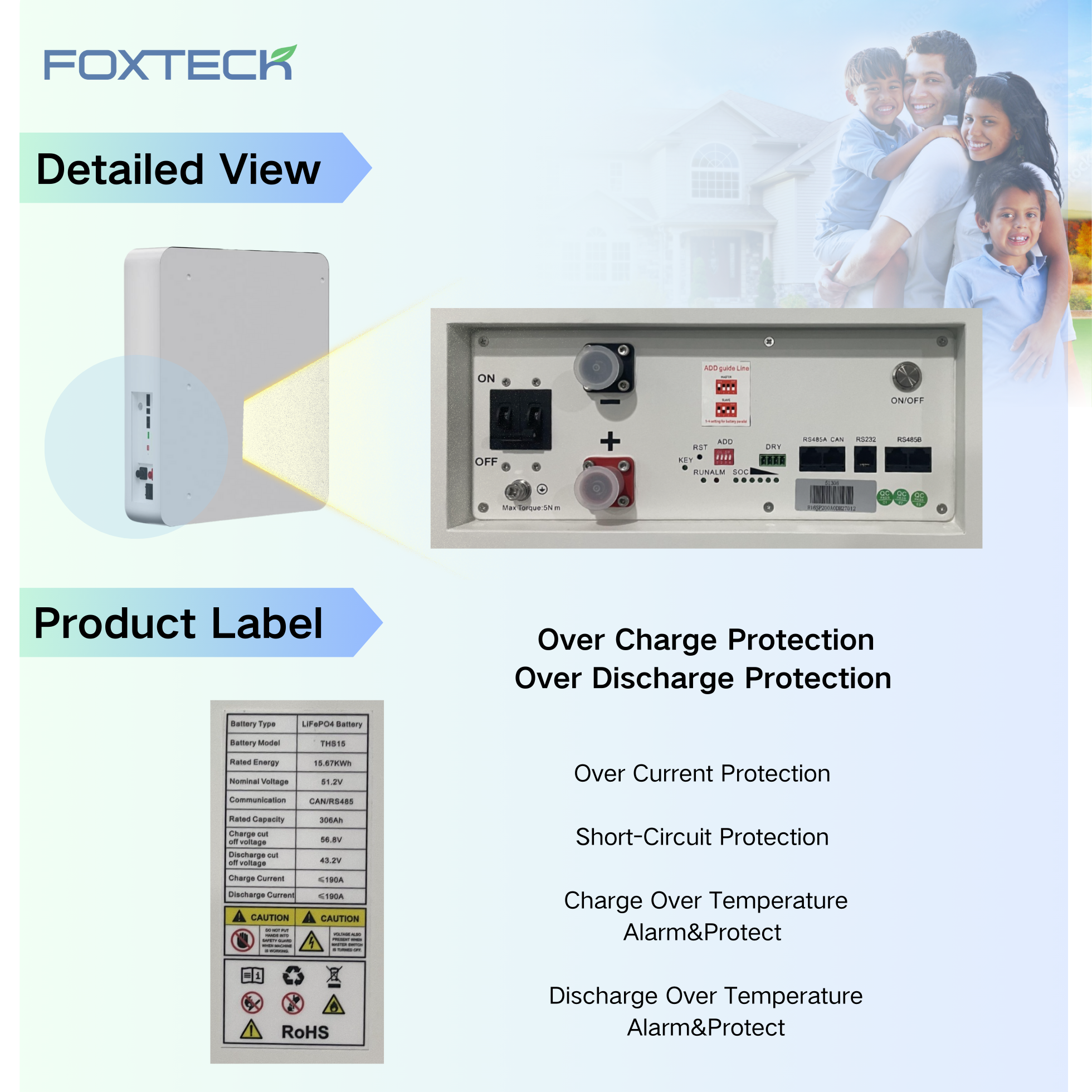 Foxtech 51.2V 100Ah 5KWH Solar Batteries High Quality Lifepo4 lithium Ion Battery For Solar Power Home 12