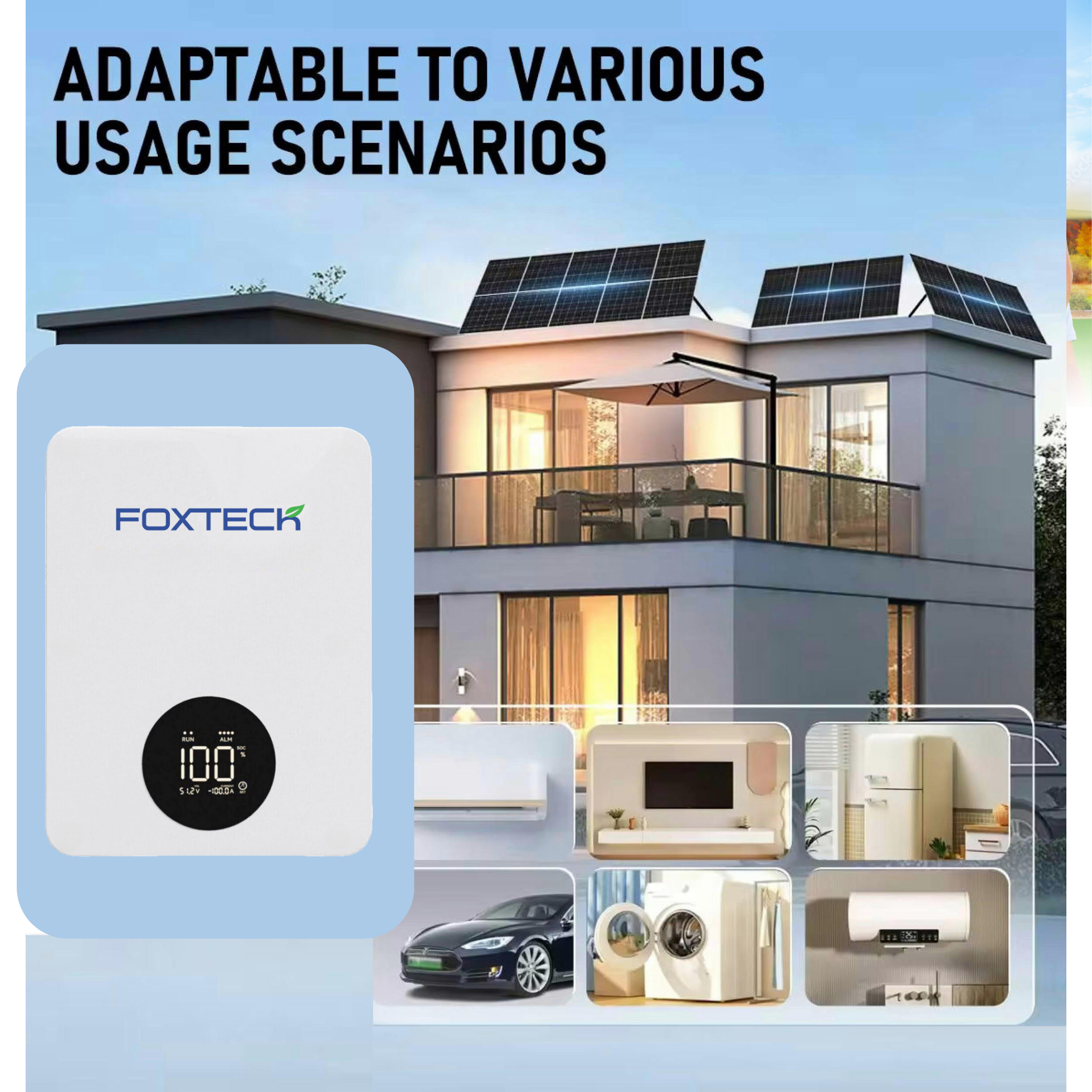 Foxtech Wall Mounted 15KWH 51.2V 300Ah Power Wall Battery 6000+ Cycles Lithium-ion Battery For Household 13