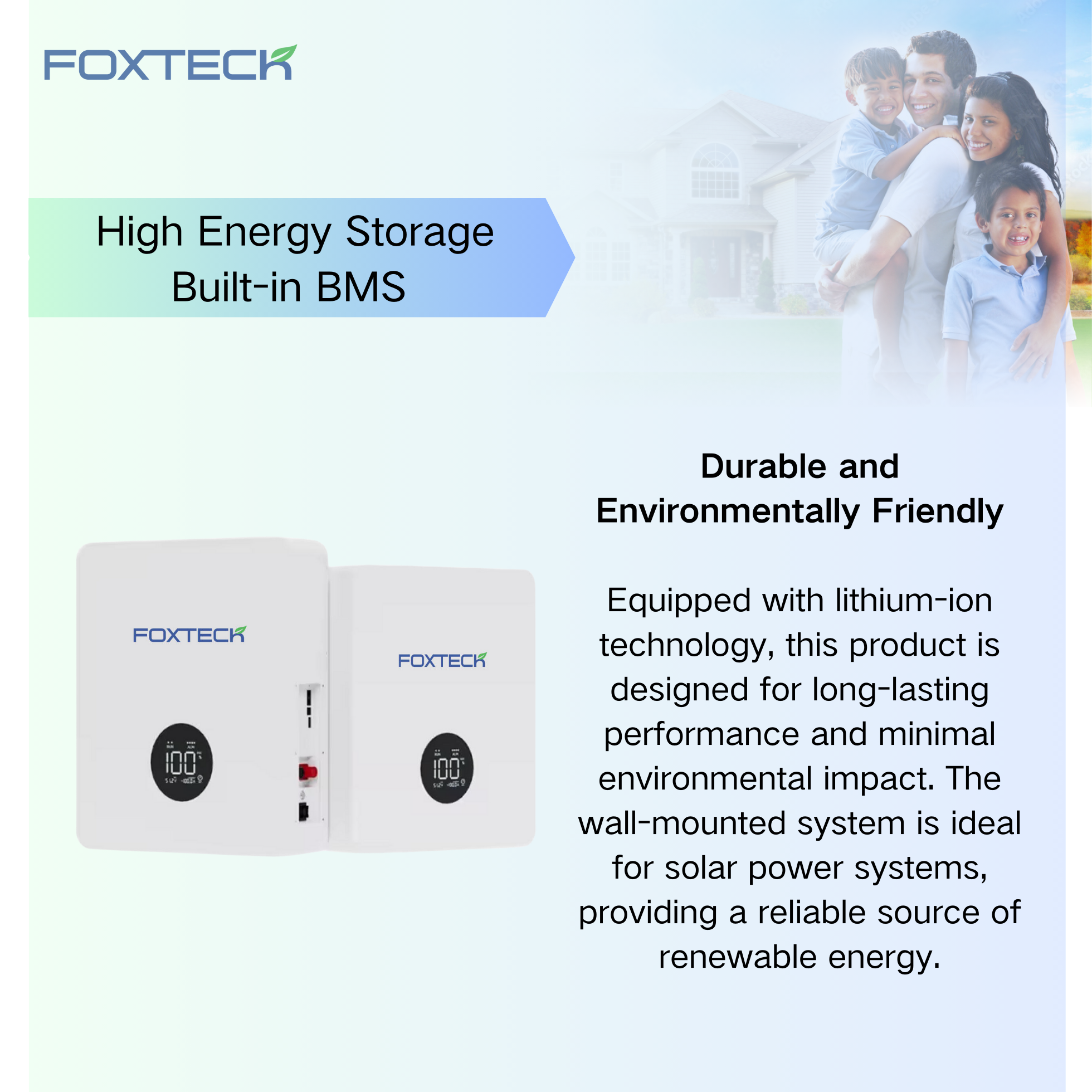 Foxtech Wall Mounted 15KWH 51.2V 300Ah Power Wall Battery 6000+ Cycles Lithium-ion Battery For Household 12