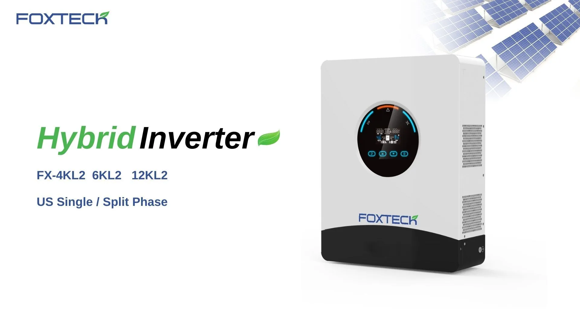 Onduleur solaire hors réseau Foxtech 4/6/12 kW, monophasé/divisé, compatible avec les systèmes monophasés et biphasés américains, MPPT et BMS intégrés, fonctionnement en parallèle. 1
