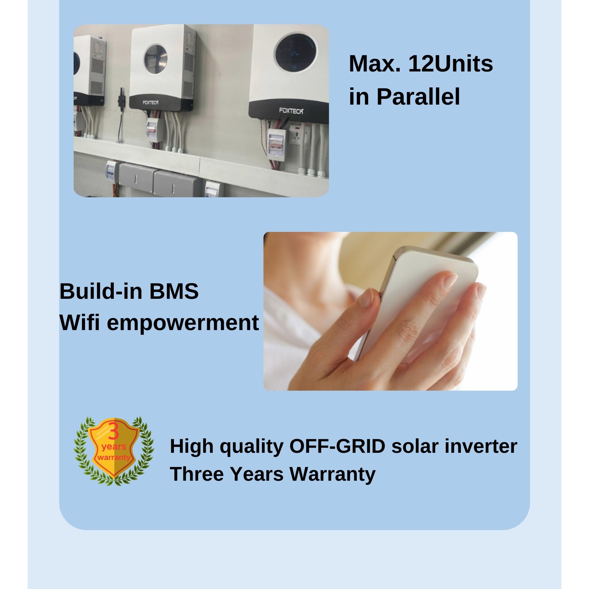Onduleur solaire hors réseau Foxtech 4/6/12 kW, monophasé/divisé, compatible avec les systèmes monophasés et biphasés américains, MPPT et BMS intégrés, fonctionnement en parallèle. 12
