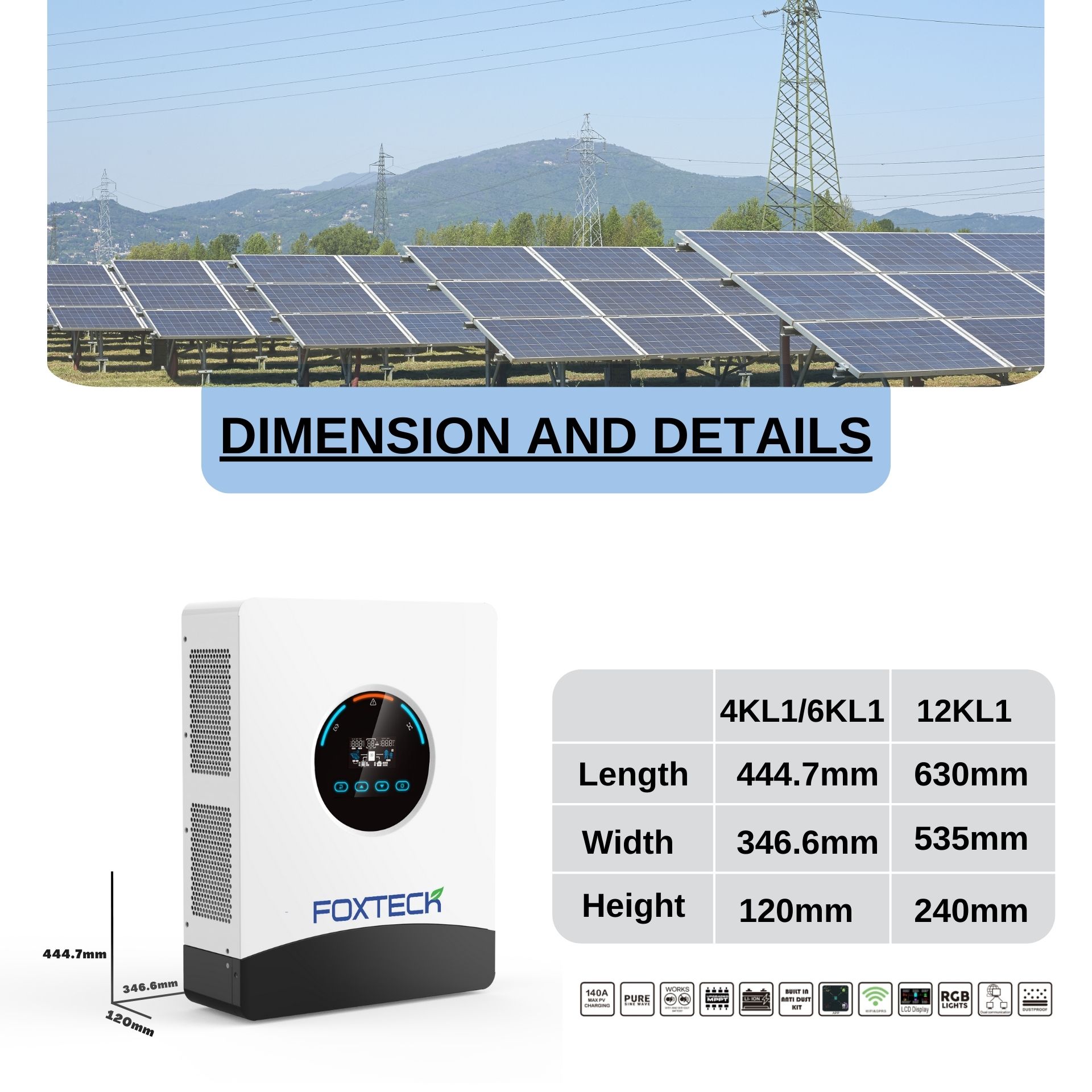 Onduleur solaire hors réseau Foxtech 4/6/12 kW, monophasé/divisé, compatible avec les systèmes monophasés et biphasés américains, MPPT et BMS intégrés, fonctionnement en parallèle. 6