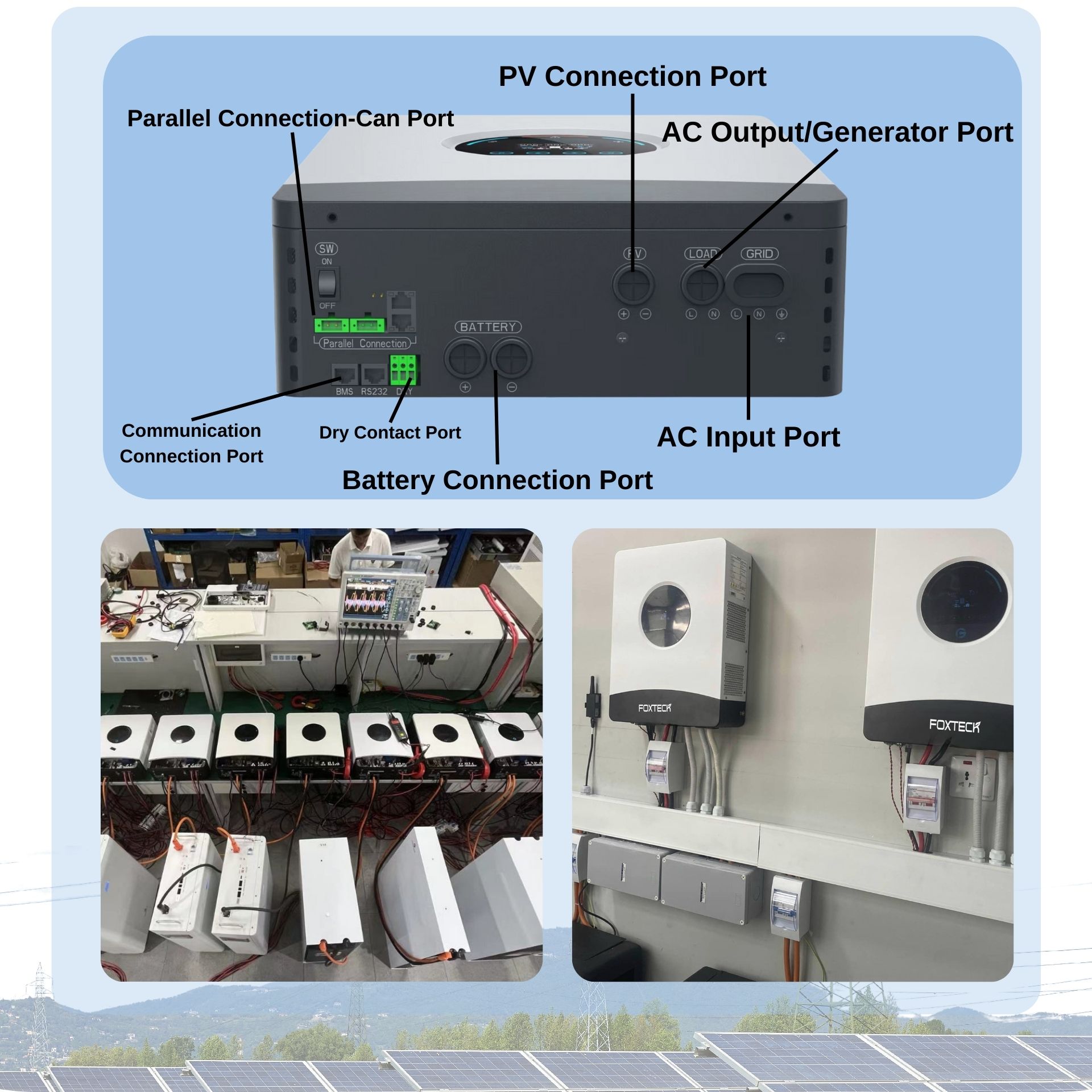 Onduleur solaire hors réseau Foxtech 4/6/12 kW, monophasé/divisé, compatible avec les systèmes monophasés et biphasés américains, MPPT et BMS intégrés, fonctionnement en parallèle. 8