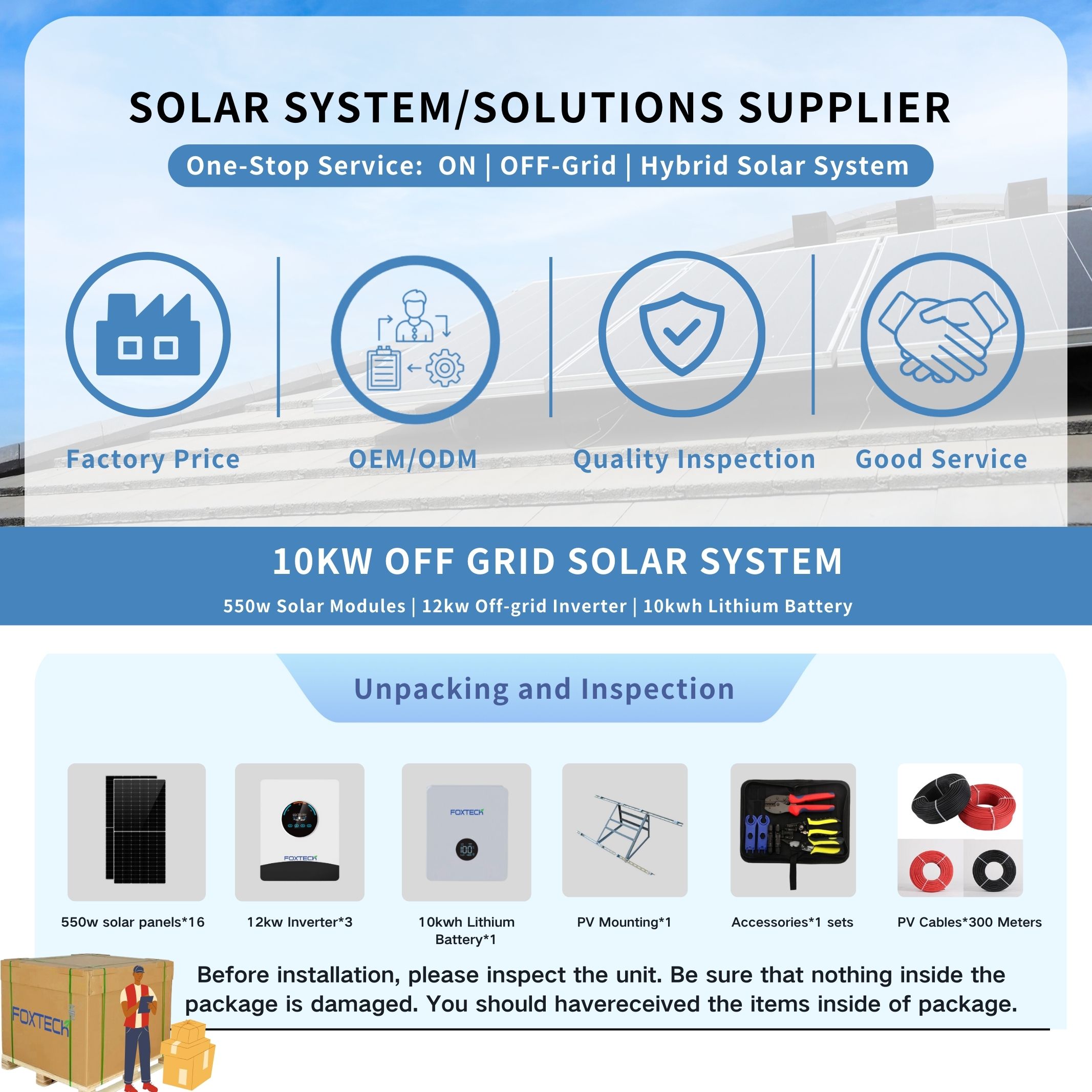 Foxtech 10kw Home Solar System Whole System Installation DIY Solar Energy OFF GRID Inverter 51.2V Lithium Battery 7