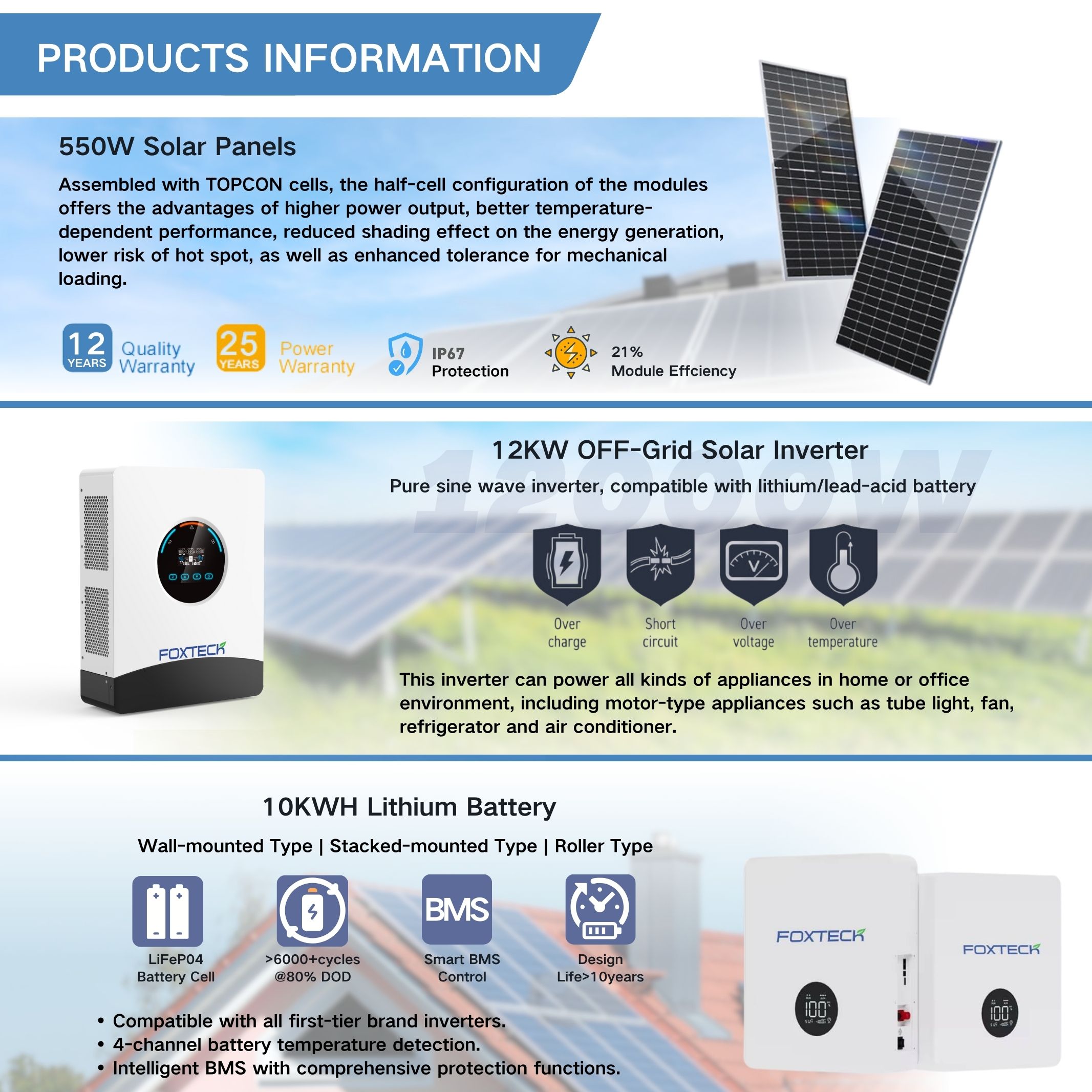 Foxtech 10kw Home Solar System Whole System Installation DIY Solar Energy OFF GRID Inverter 51.2V Lithium Battery 10