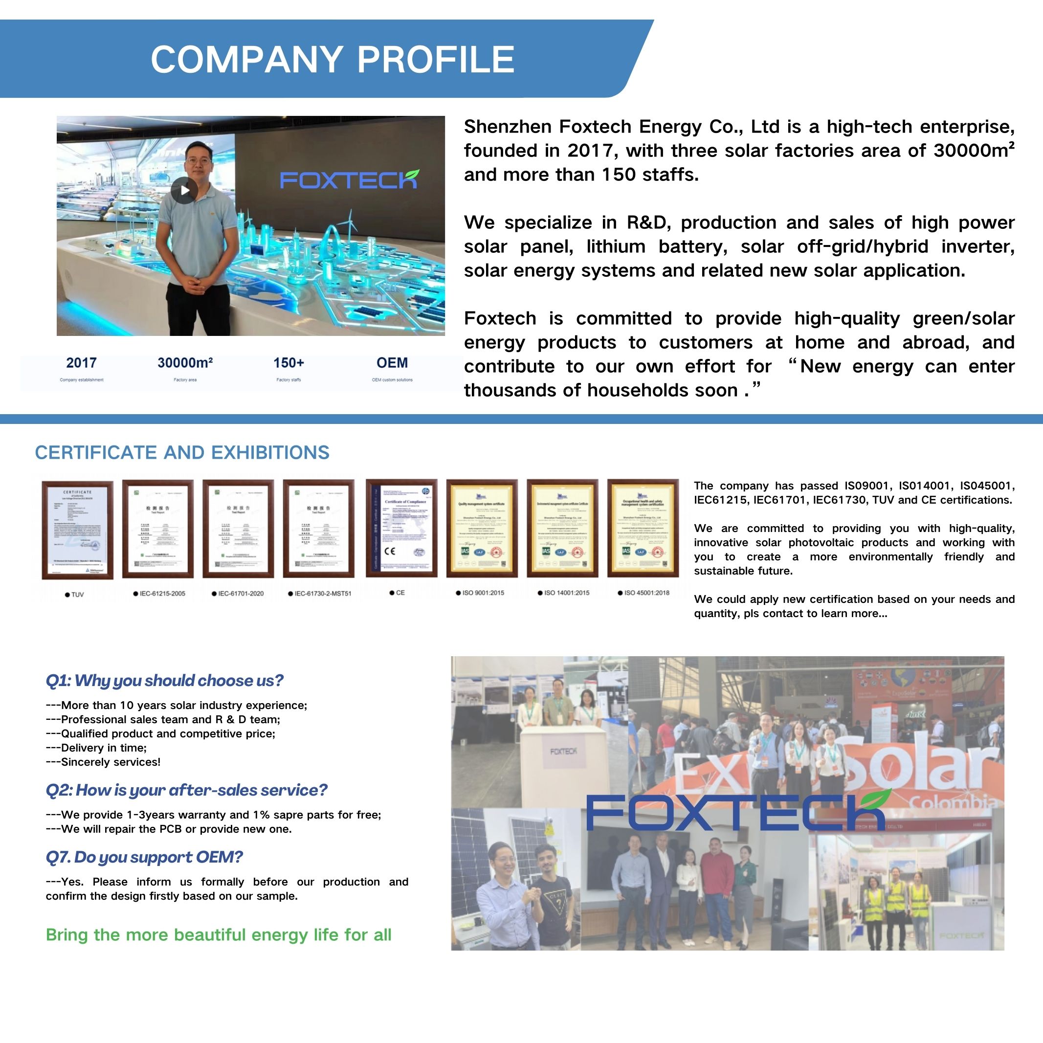 Foxtech 17.55kw PV Solutions  Solar Products Factory for Ecuador Brazil Colombia 120V OFF Grid System 12