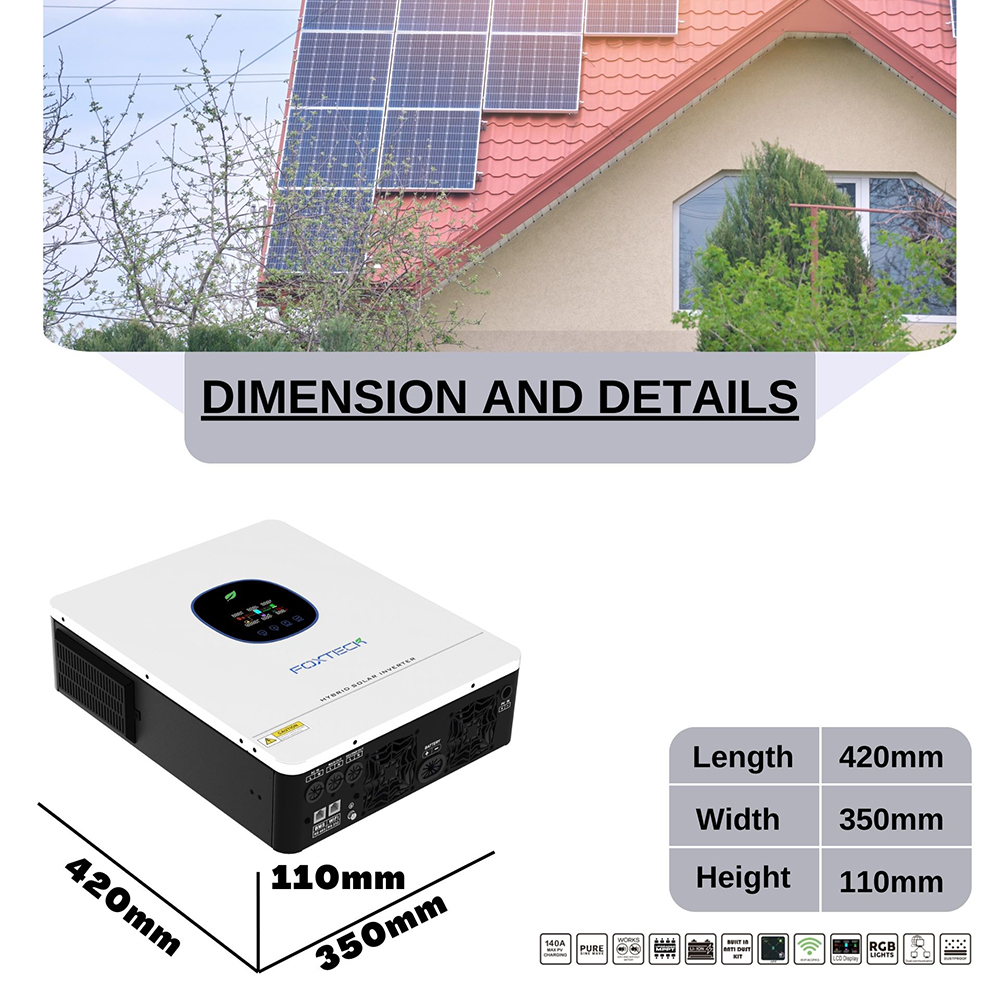 Foxtech 3.6/4.2/6.2kw On/Off Grid Solar Inverter Pure Sine Wine Single Phase DC to 220/230/240Vac Built-in MPPT for Home 6