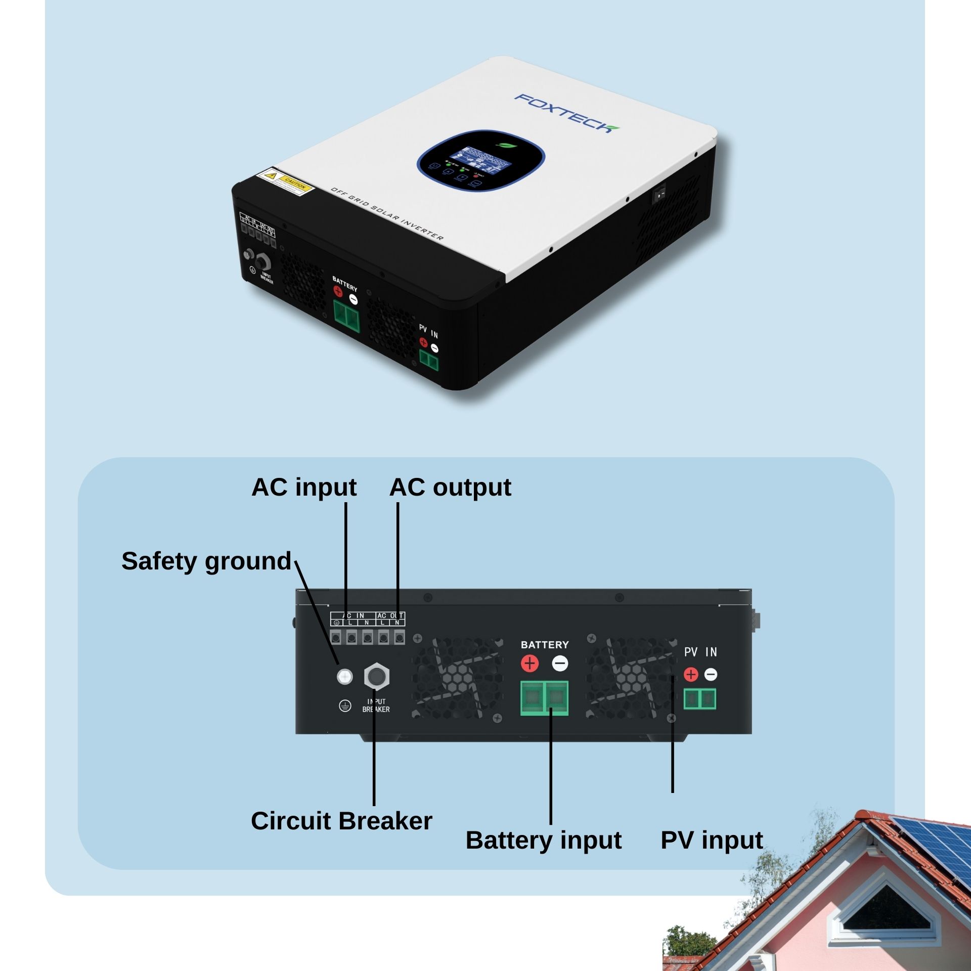 Foxtech1.8/ 3.0/3.8/ 6.2kw Off-grid Solar Inverter Built-in MPPT Single Phase compatible with Lithium/ Lead-acid Battery 8