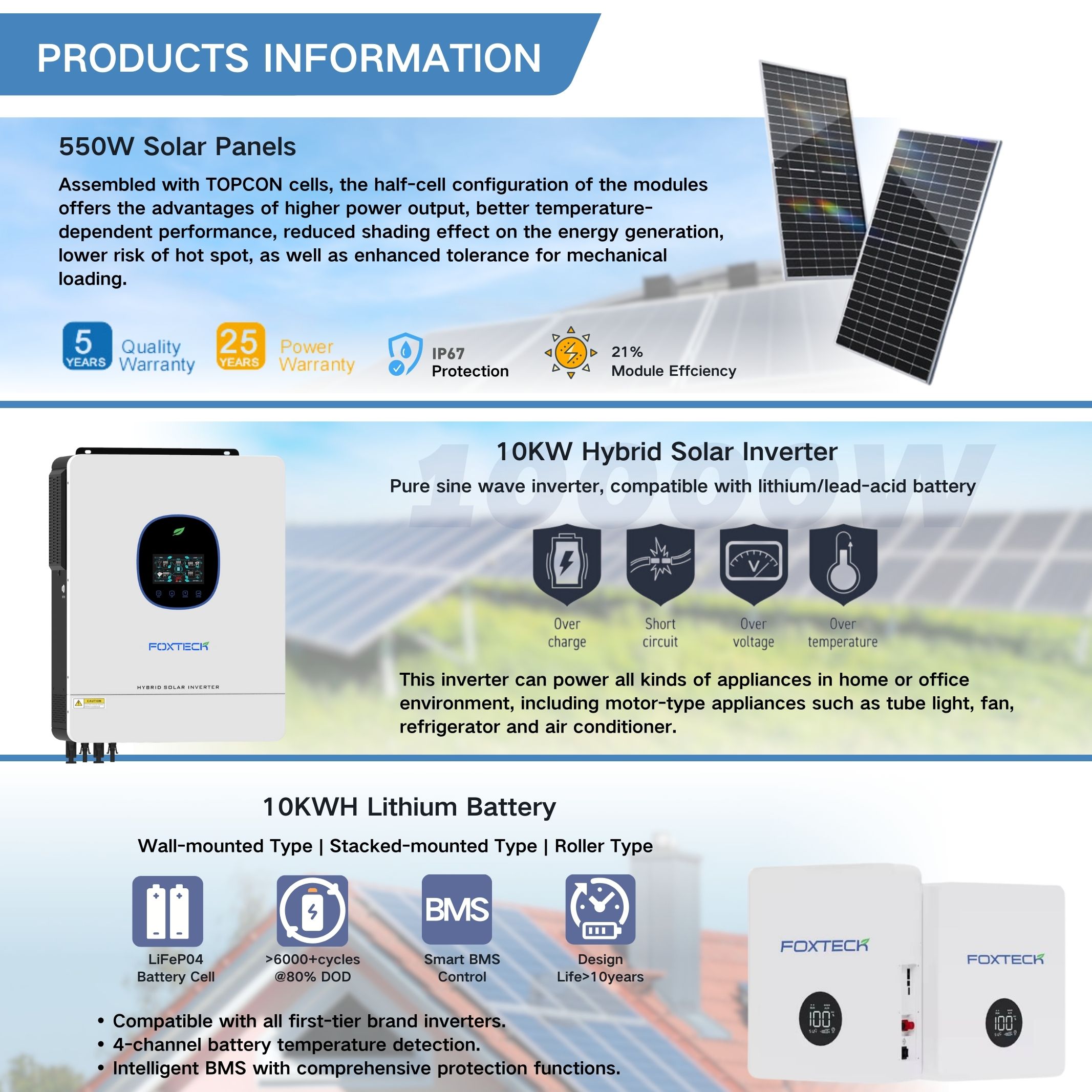 Inversor de armazenamento solar híbrido Foxtech de 10 kW para sistema de energia residencial 5