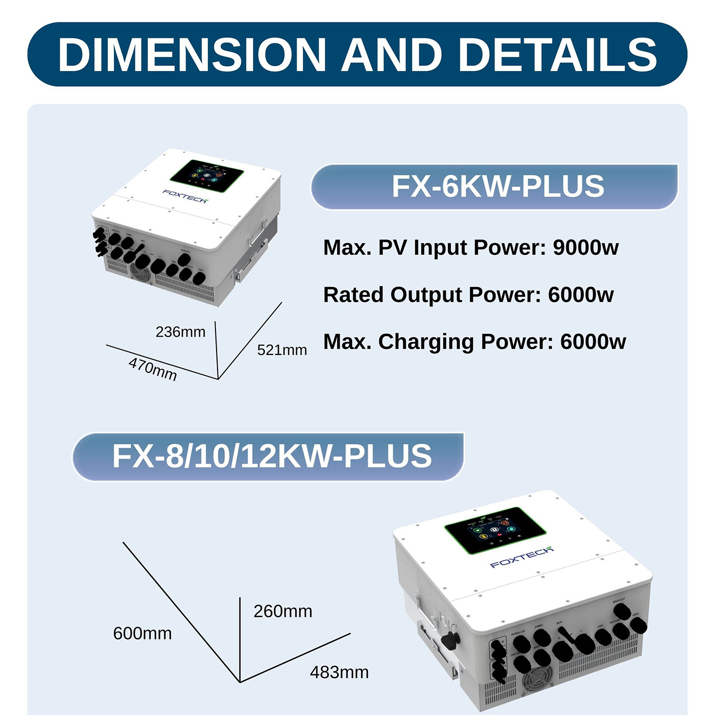 Foxtech Hybrid Solar Inverter 6/8/10/12kw Single Phase Built-in MPPT Support Parallel 9 Units for PV System 6